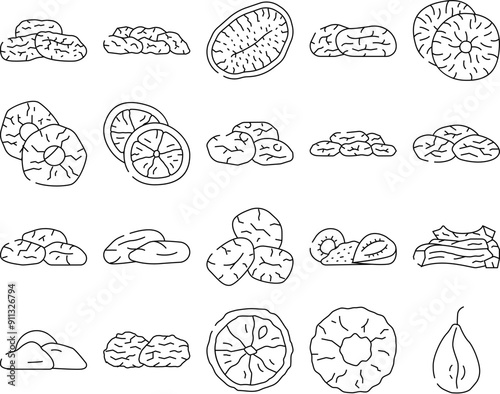 fruit dry snack nut mix icons set vector. food healthy, bowl top, organic fig, apricot sweet, cashew wooden, seed nutrition fruit dry snack nut mix black contour illustrations
