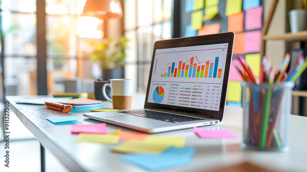 Modern workspace setup featuring a laptop, a warm cup of coffee, and colorful stationery perfect for efficient data analysis Modern workspace setup featuring a laptop, a warm cup of coffee, and colorful stationery perfect for efficient data analysis
