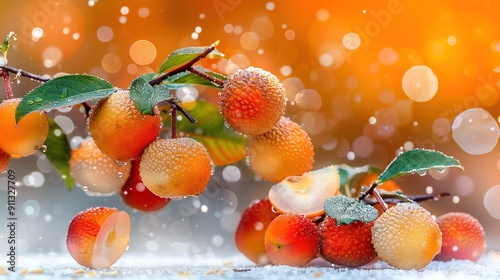   A sharp focus image of multiple fruits hanging from a tree, with droplets of water dripping onto the branches and surrounding foliage photo