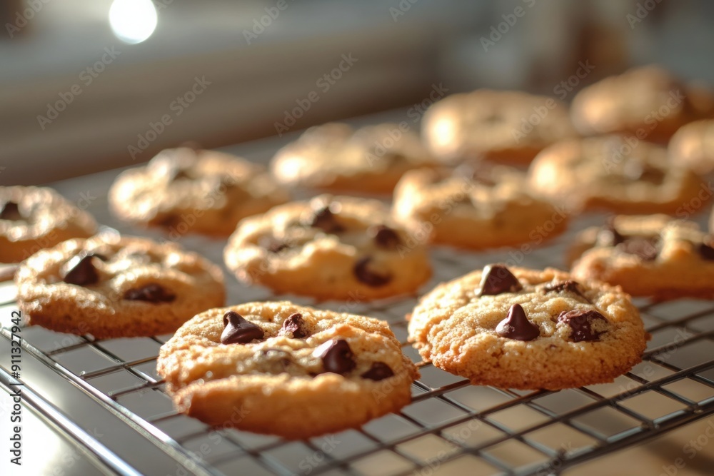 Freshly baked chocolate chip cookies cooling on a wire rack, capturing the delicious and homemade essence of sweet treats. Freshly baked chocolate chip cookies cooling on a wire rack, capturing the delicious and homemade essence of sweet treats.