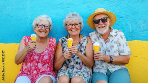Group of three senior tourists eating an ice cream.