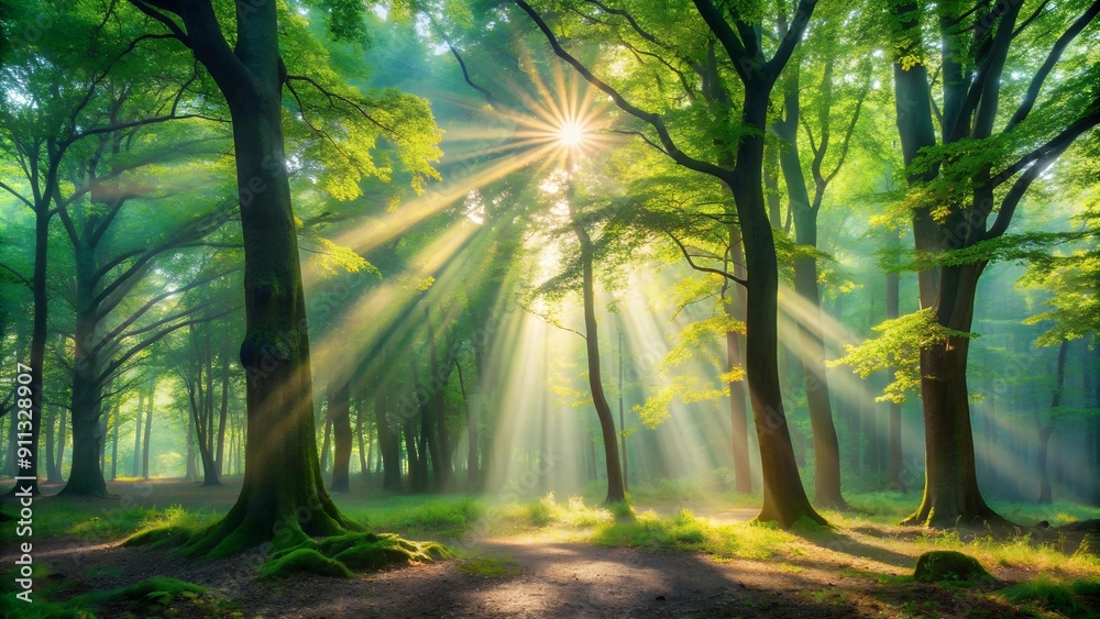 Fototapeta premium Serene Symphony of Sunbeams Filtering Through a Canopy of Leaves Generative AI