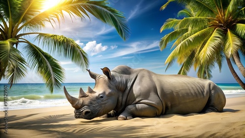 Sunbathing Rhino: A Day at the Beach  generative AI photo