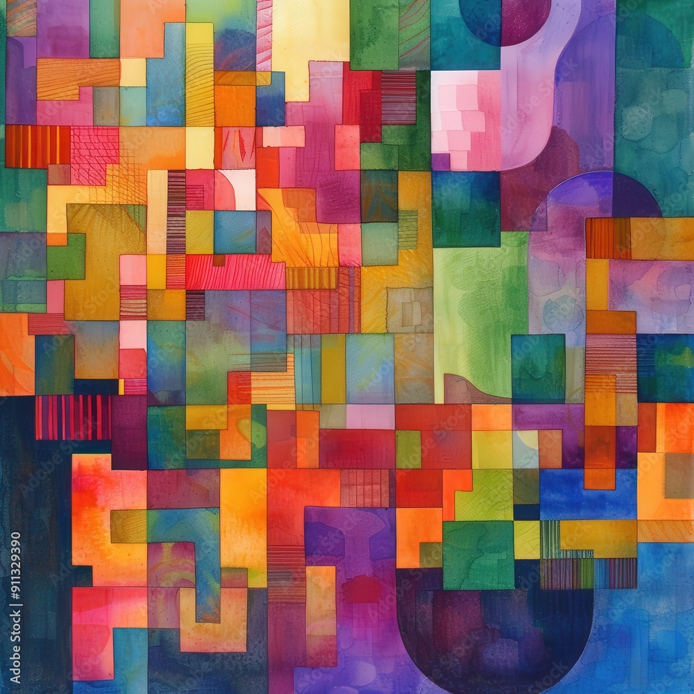 Abstract Watercolor Painting with Geometric Shapes and Vibrant Colors Abstract Watercolor Painting with Geometric Shapes and Vibrant Colors