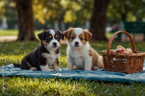 Puppies having a picnic photo