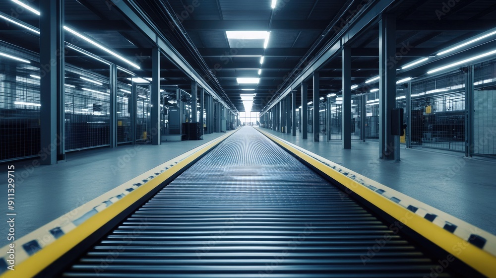 Fototapeta premium Empty modern conveyor belt in a brightly lit factory plant, ready for production.