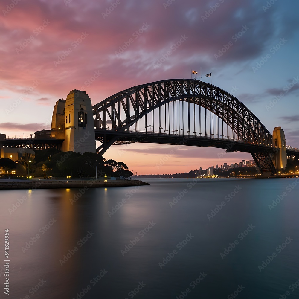Fototapeta premium Beautiful shot of the Sydney harbor bridge with a light pink and blue sky