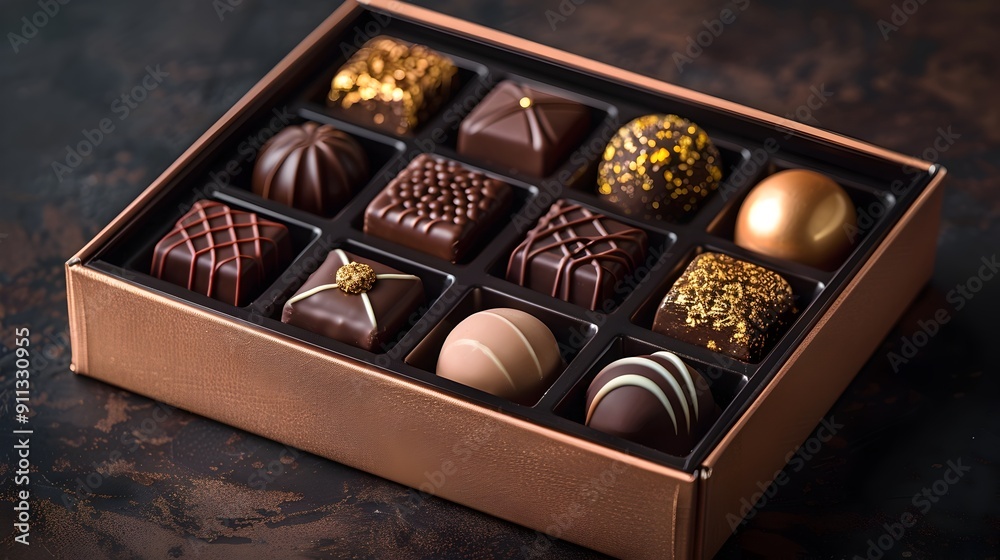 Assortment of Artisanal Chocolate Candies Displayed in a Luxurious Gift Box Assortment of Artisanal Chocolate Candies Displayed in a Luxurious Gift Box