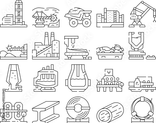 steel production industry metal icons set vector. factory plant, foundry metallurgy, manufacturing mill, furnace work, technology steel production industry metal black contour illustrations