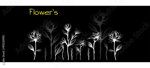 flower sketches Collection,flowers and leaves in line art style, banner, greeting cards or poster, Vector botanical engraving,Vector black silhouettes isolated on a black background