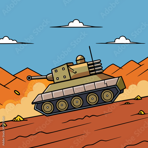 armored tank crosses a mine field during war invasion epic scene of fire and some in the desert, wide poster design with copy space area