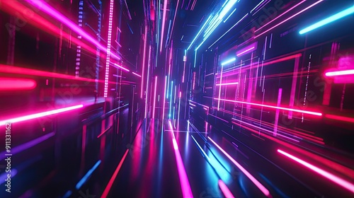 Futuristic 3D black background with abstract lines and neon elements  ideal for sci-fi and technological visuals.