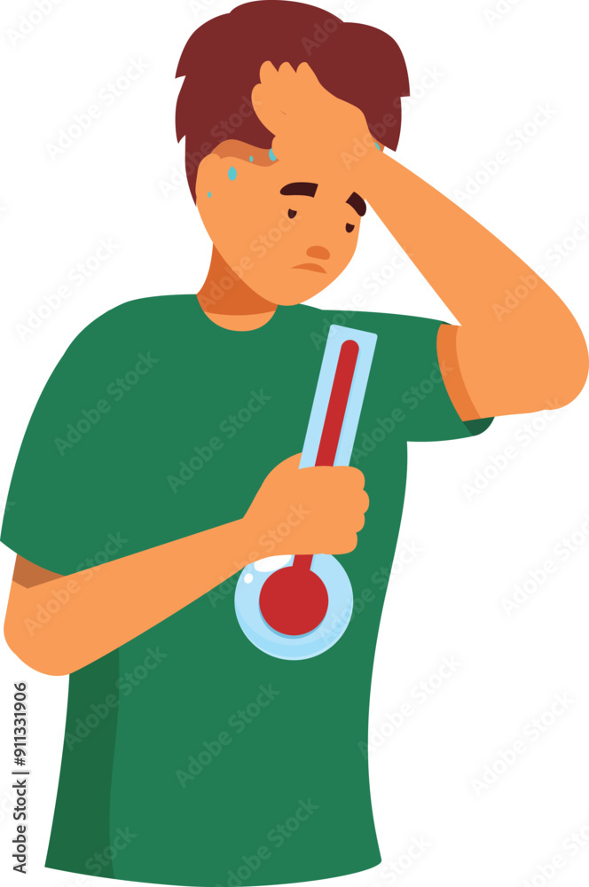 Sick young man is holding a thermometer and feeling unwell, sweating and having a fever Sick young man is holding a thermometer and feeling unwell, sweating and having a fever