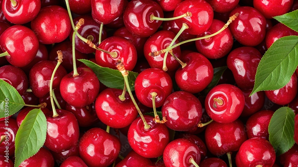 Cherries with green leaves on top, and a green leaf at the bottom of one cherry Cherries with green leaves on top, and a green leaf at the bottom of one cherry
