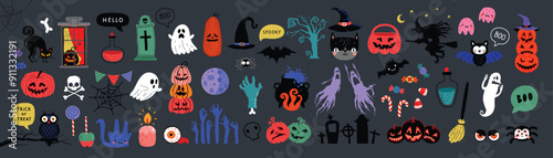 Halloween graphic elements - pumpkins, ghosts, zombie, owl, cat, candy and others. Hand drawn set. Vector illustration.