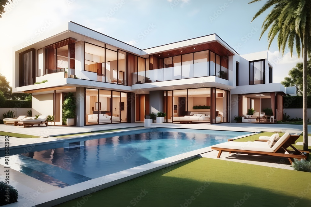 Fototapeta premium Luxury beach house with sea view swimming pool and terrace in modern design. 3d illustration of contemporary holiday villa exterior.