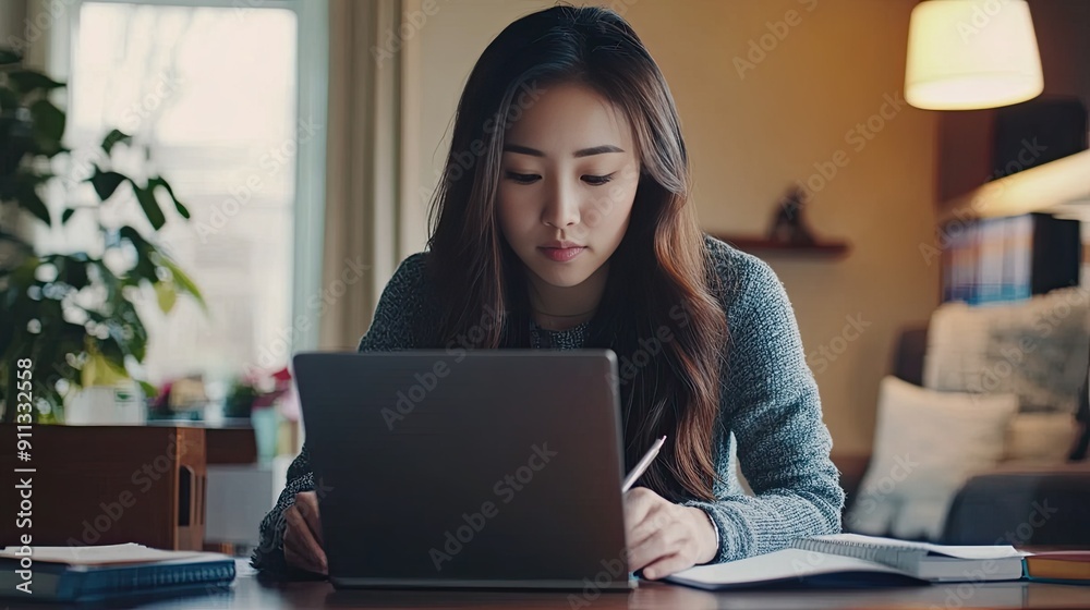 Naklejka premium Home office environment with young Asian woman working on laptop and taking notes.