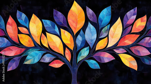 Fototapeta Naklejka Na Ścianę i Meble -  Elegant colorful tree with vibrant leaves hanging branches illustration background. Bright color 3d abstraction wallpaper for interior mural painting wall art decor. Ai	