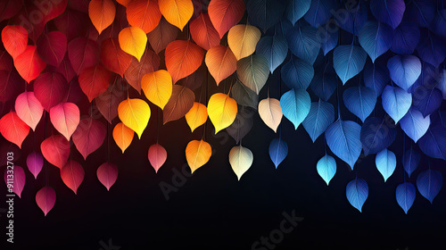 Fototapeta Naklejka Na Ścianę i Meble -  Elegant colorful tree with vibrant leaves hanging branches illustration background. Bright color 3d abstraction wallpaper for interior mural painting wall art decor. Ai	