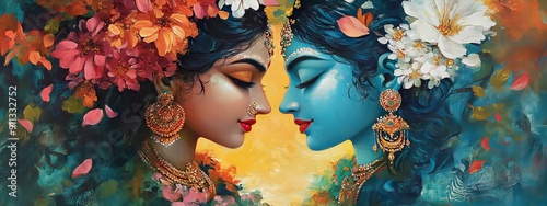 Close up of Indian God Krishna and Radha in love photo