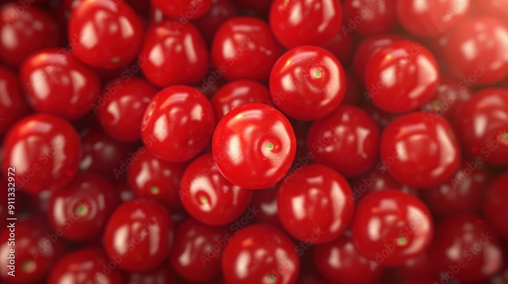 A mound of scarlet cherries atop a stack of additional cherries atop a table A mound of scarlet cherries atop a stack of additional cherries atop a table