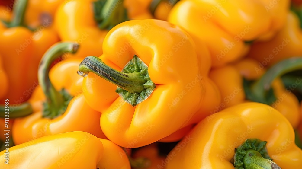 A group of yellow peppers resting atop a heap of broccoli florets A group of yellow peppers resting atop a heap of broccoli florets