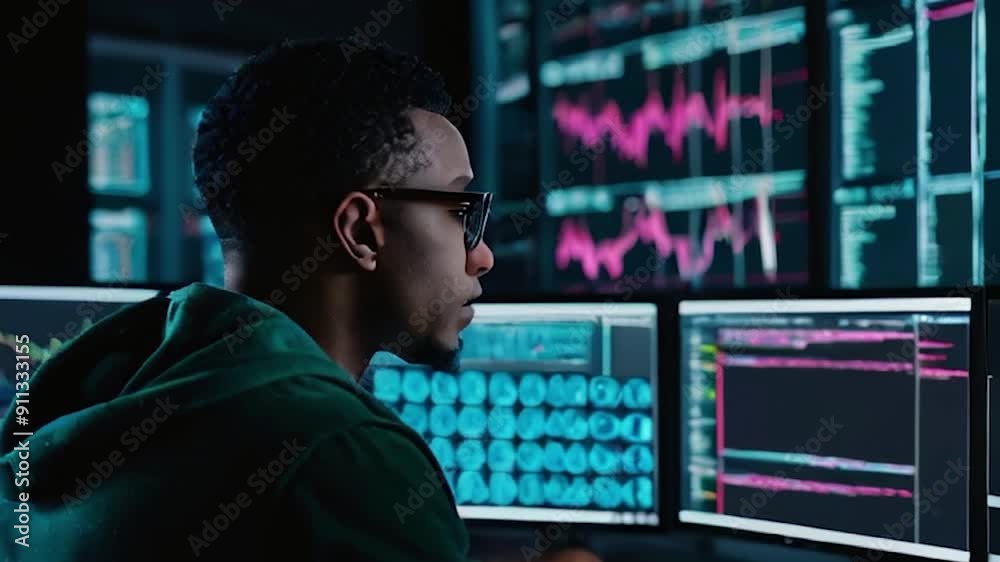 Man in Glasses Monitoring Data on Multiple Computer Screens