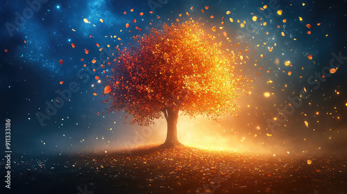 Fototapeta Naklejka Na Ścianę i Meble -  Elegant colorful tree with vibrant leaves hanging branches illustration background. Bright color 3d abstraction wallpaper for interior mural painting wall art decor. Ai	