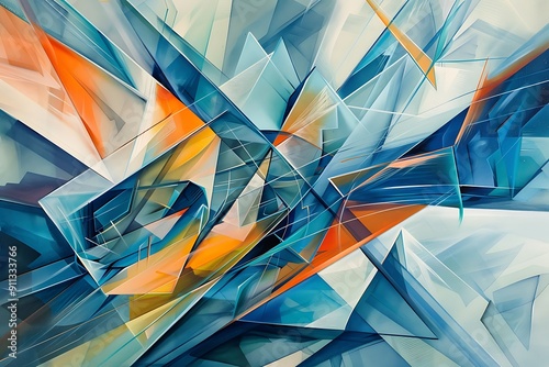 A dynamic explosion of intersecting shapes and vibrant hues, electric blues and oranges, capturing a sense of motion, Constructivist style