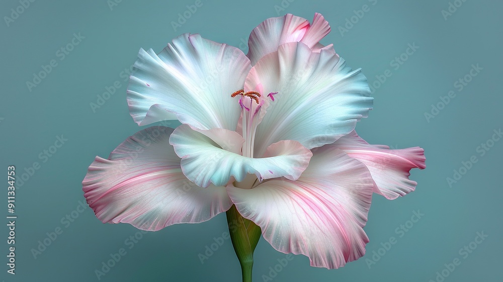 A pink and white flower with a green stem in a teal blue background A pink and white flower with a green stem in a teal blue background