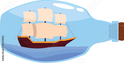 Vintage sailboat with white sails is sailing on blue water waves inside a glass bottle