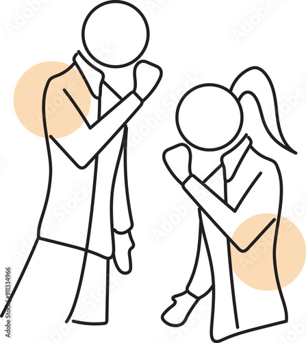 Adult male and female characters coughing, outline illustration of a person coughing