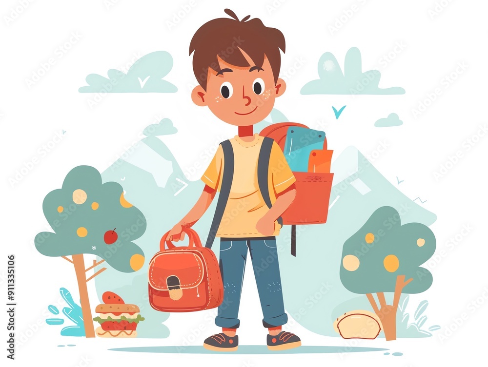 Young Boy Carrying Backpack and Lunchbox on his Way to School Young Boy Carrying Backpack and Lunchbox on his Way to School