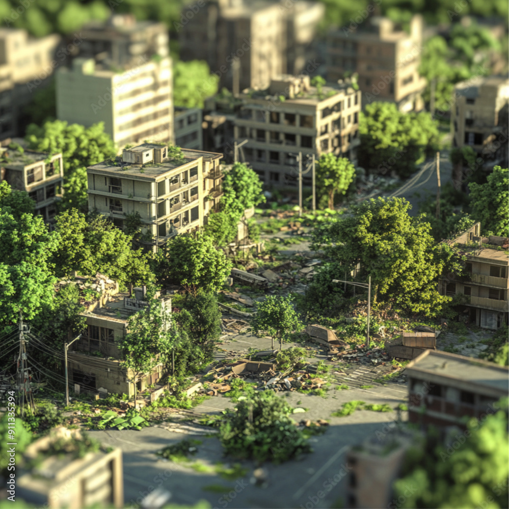 A city hit by an earthquake, a park next to the forest of buildings, a school next to the park, and factories next to the school. A city hit by an earthquake, a park next to the forest of buildings, a school next to the park, and factories next to the school.