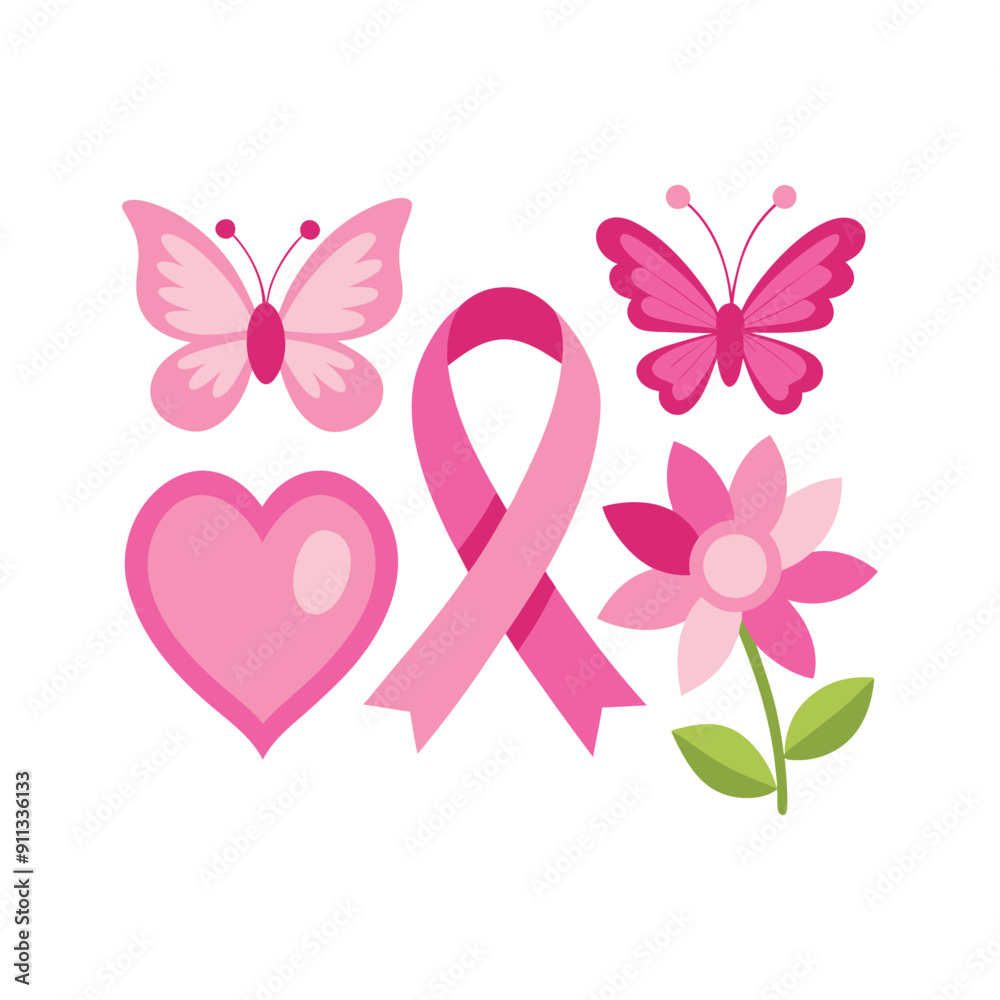 A set of pink ribbon, flowers, butterflies and hearts breast cancer awareness elements vector design illustration A set of pink ribbon, flowers, butterflies and hearts breast cancer awareness elements vector design illustration