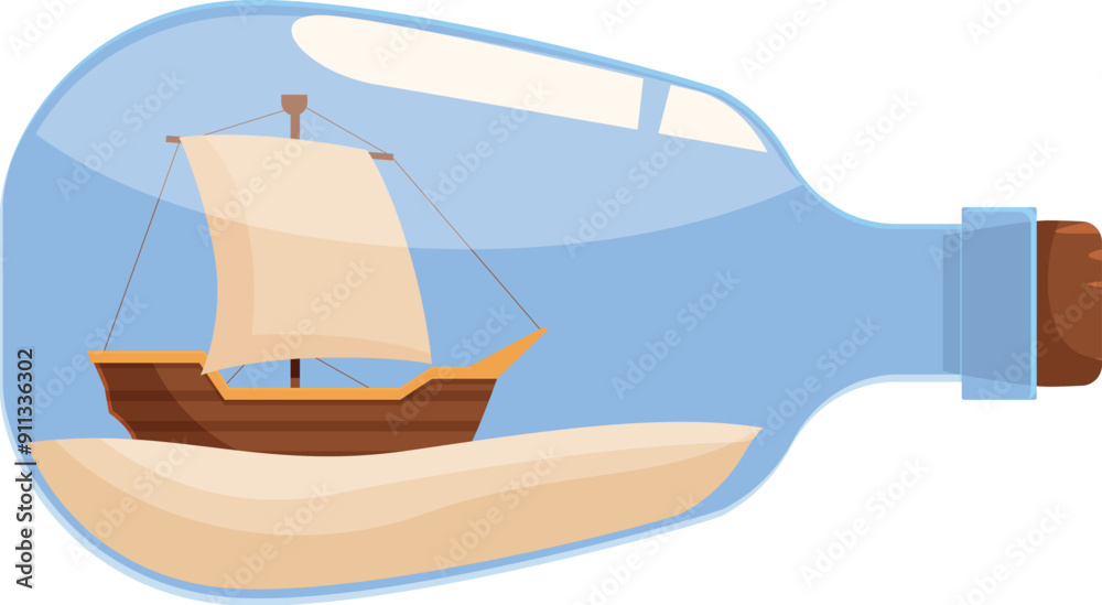 Miniature wooden ship with white sails is sailing on sand inside a glass bottle, evoking a sense of adventure and wonder