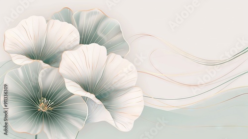   A couple of white flowers rest on a green and white tablecloth atop a wooden table