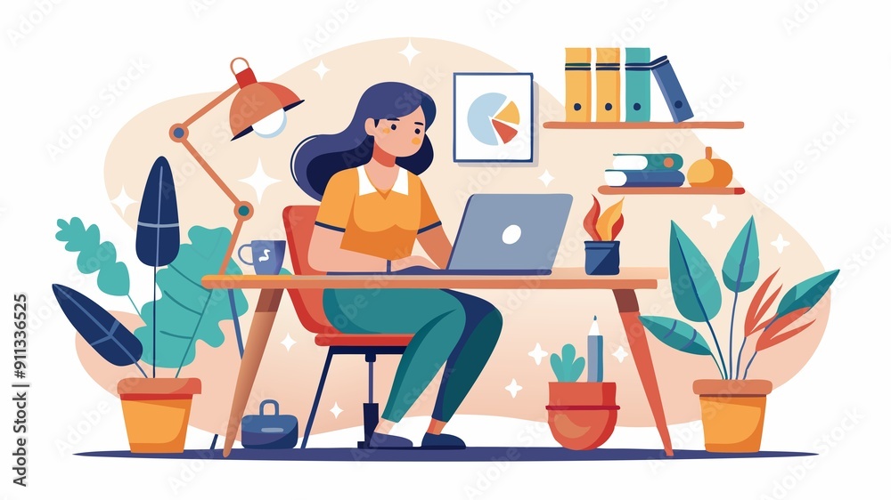 Obraz premium A stylish workspace fuels a creative mind. This scene showcases a woman working in a visually appealing studio, emphasizing the importance of environment on productivity.