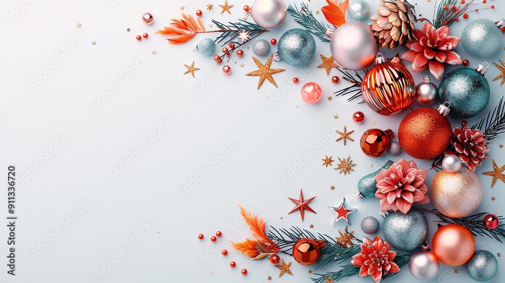 A white background with Christmas ornaments and two pine cones on either side A white background with Christmas ornaments and two pine cones on either side