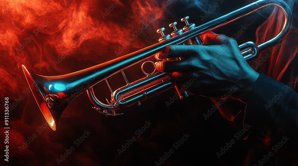 Fototapeta premium Close-up of Trumpet Player's Hand Holding the Instrument with Dramatic Lighting Effects