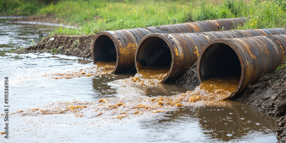 Industrial wasteland with rusty old dirty pipes, flowing toxic sludge into a polluted river. Pollution of sewage and water bodies Industrial wasteland with rusty old dirty pipes, flowing toxic sludge into a polluted river. Pollution of sewage and water bodies