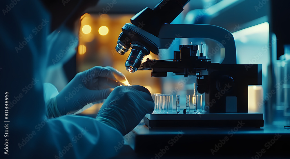 Close-up of Hands and Fingers of a Scientist Using a Microscope Close-up of Hands and Fingers of a Scientist Using a Microscope