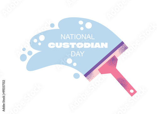 National custodian day poster. Equipment and accessories collection for cleaning home. Bucket, cleaning supplies, bottles, spray, brush, gloves. Housework concept. Vector illustration isolated