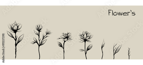 flower sketches Collection,flowers and leaves in line art style, banner, greeting cards or poster, Vector botanical engraving,Vector black silhouettes isolated on a background