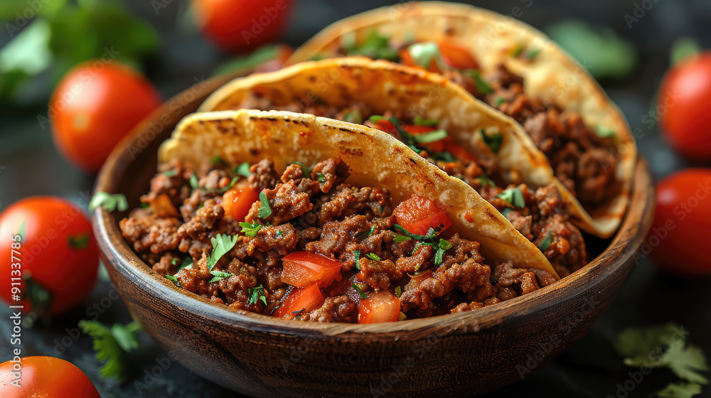 Top-down view of tortillas filled with assorted vegetables and beef, suitable for tacos or burritos, against a dark backdrop with available copy space image. Top-down view of tortillas filled with assorted vegetables and beef, suitable for tacos or burritos, against a dark backdrop with available copy space image.