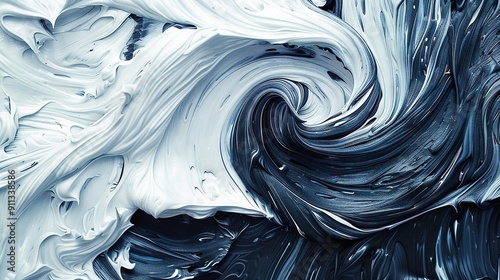  An abstract painting featuring blue and white swirls on a monochromatic backdrop, with similar swirls on the left side photo