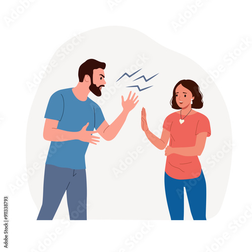 Angry man blaming, shouting at upset woman. Vector flat cartoon illustration