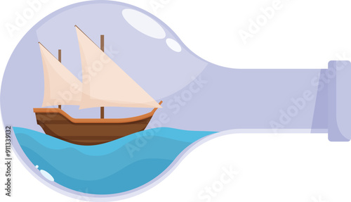 Sailboat sailing on blue ocean waves inside a glass bottle, concept of travel and adventure