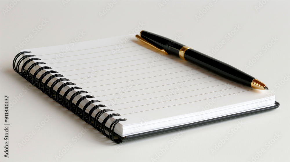 Spiral Notebook With Blank Pages and Elegant Pen on Simple White Surface Spiral Notebook With Blank Pages and Elegant Pen on Simple White Surface