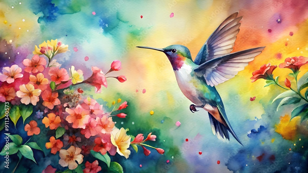 A Symphony of Color: A Hummingbird's Embrace of Blossoms Generative AI A Symphony of Color: A Hummingbird's Embrace of Blossoms Generative AI